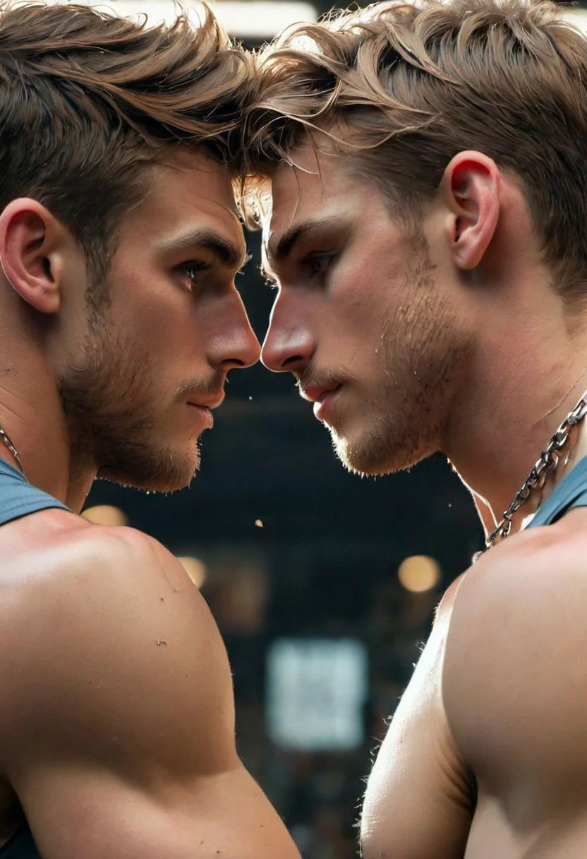 kyle ross, male focus, 2men, full bodies of two handsome 18yo blonde twinks hugging and kissing, close up of faces kissing, holding each other, hugging from behind, face focus, dynamic posture, dramatic angle, camera angle from above, shirtless, stubble, hands around chest, dog collar, neck collar, long chain necklace, shirtless, kinky,
skinny muscled, slender muscled, skinny, slender features, narrow shoulders, detailed armband tattoo, cute face, boyish face, perfect biceps, bicep veins, bulging veins, defined veins, great pecs, thin waist, angular face, strong and powerful, sporty, predatory look, feathered hair, tousled hair, messy hair, shoulder length hair, great detail, satisfaction, blue eyes, bubble butt, small ass, small butt, tight shorts,
(Masterpiece, high quality:1.3), masterpiece, depth of field, bokeh, detailed, homoerotic, (homoerotic), highly detailed, sharp focus, intricate, smooth, elegant, fantasy, cinematic lighting, cinematic, masterpiece, matte, photorealistic, 4k, beautiful, volumetric lighting, dramatic, photo-realistic, life-like, high detail, lighting, 8Knematic lighting, 8K, contrast lighting, contrasting lighting, cinematic lighting,