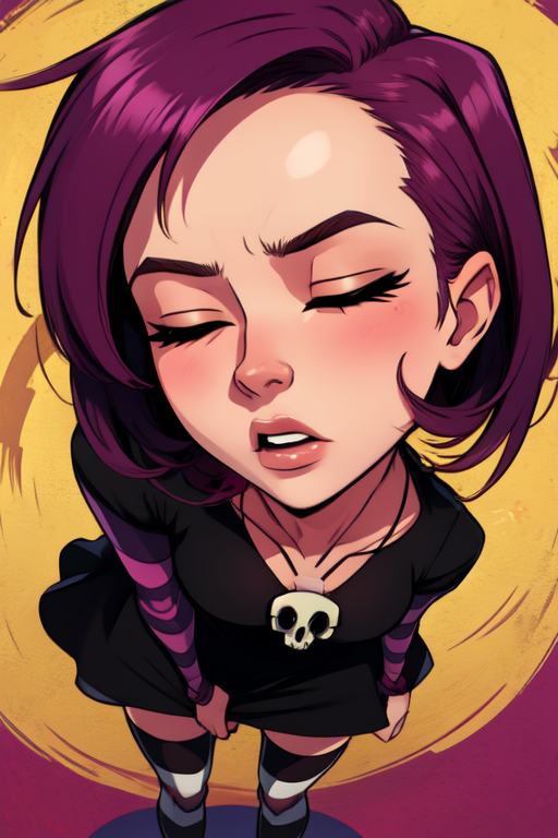 Gaz, short pin  hair, closed eyes,   standing,  sharp hair, 
GAgoth, black dress, skull necklace, striped thighhighs,striped sleeves, 
(insanely detailed, beautiful detailed face, masterpiece, best quality)  <lora:Gaz:0.8>