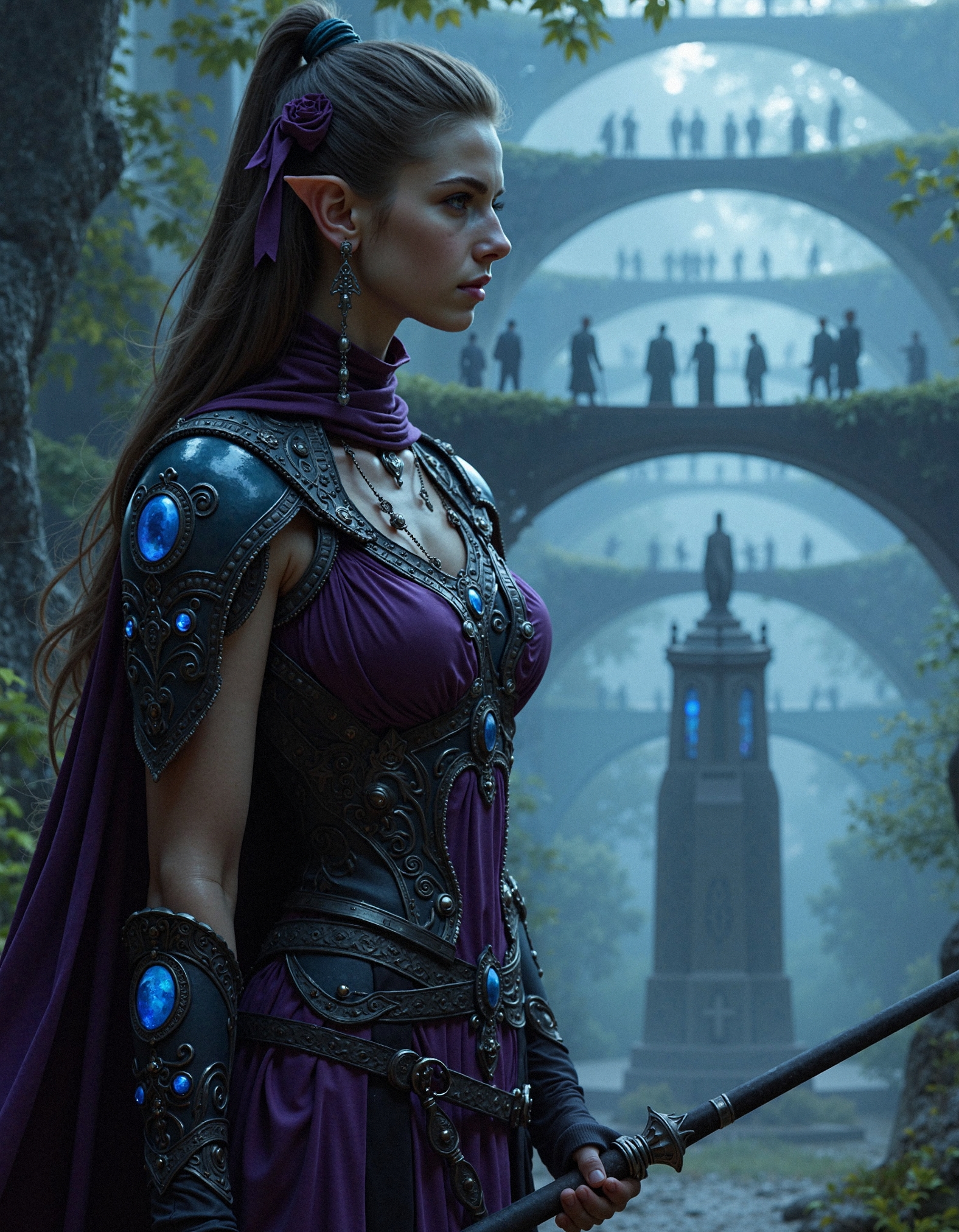 hyper-realisitic, hyper-detailed, detailed foreground,  RAW photo, detailed clothing, detailed lighting,  prompt Caught in the moment between shadow and violence, the dark elven warrior is framed against a cascade of glowing leaves and distant blue-lit towers. Her battlewear clings like living silk, hugging the curve of her lithe frame—purple and silver interlaced in ribbons around her waist, chest, and thighs, punctuated by moonstone inlays that catch the faintest light. Her spear tip glows faintly with reactive magic, sparking against the misty air. Her expression: a mix of fierce instinct and sharp calculation—lips slightly parted, brows furrowed, golden eyes scanning deep into the tree fog. Behind her, suspended walkways shimmer in arched silhouettes, distant elf sentinels pausing in synchrony. Tight upper-body portrait composition, angled slightly upward, capturing her elegance mid-motion—a sacred predator watching for breach. Light flickers across her muscles and the soft beads of moisture on her skin, painting tension in every curve.         <lora:anjelicaflux:0.6000000000000001> <lora:MoriiMee_Gothic_Niji_Style_FLUX:0.4000000000000001>