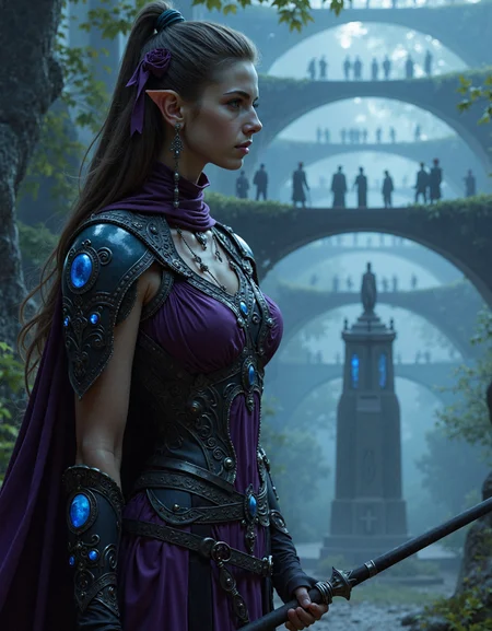 hyper-realisitic, hyper-detailed, detailed foreground,  RAW photo, detailed clothing, detailed lighting,  prompt Caught in the moment between shadow and violence, the dark elven warrior is framed against a cascade of glowing leaves and distant blue-lit towers. Her battlewear clings like living silk, hugging the curve of her lithe frame—purple and silver interlaced in ribbons around her waist, chest, and thighs, punctuated by moonstone inlays that catch the faintest light. Her spear tip glows faintly with reactive magic, sparking against the misty air. Her expression: a mix of fierce instinct and sharp calculation—lips slightly parted, brows furrowed, golden eyes scanning deep into the tree fog. Behind her, suspended walkways shimmer in arched silhouettes, distant elf sentinels pausing in synchrony. Tight upper-body portrait composition, angled slightly upward, capturing her elegance mid-motion—a sacred predator watching for breach. Light flickers across her muscles and the soft beads of moisture on her skin, painting tension in every curve.         <lora:anjelicaflux:0.6000000000000001> <lora:MoriiMee_Gothic_Niji_Style_FLUX:0.4000000000000001>