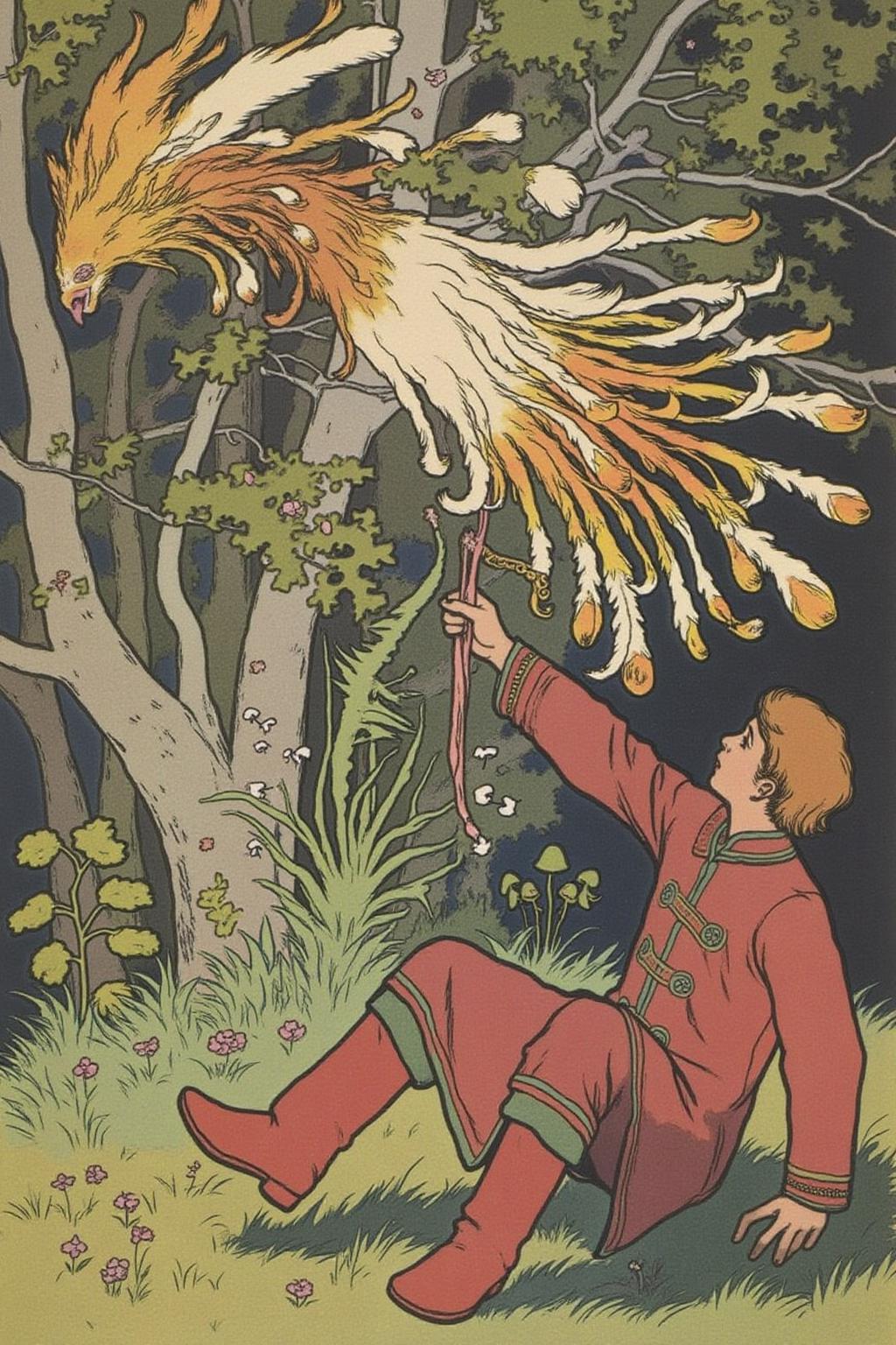 ivanbilibin1 illustration.
A young man sits on the grass on the right side, surrounded by green grass with small flowers. He is grabbing unto the tail feather of a mythical firebird that is trying to fly away.
 <lora:ivanbilibin1_cap_d6a3:1.0><lora:835868655482039262:0>