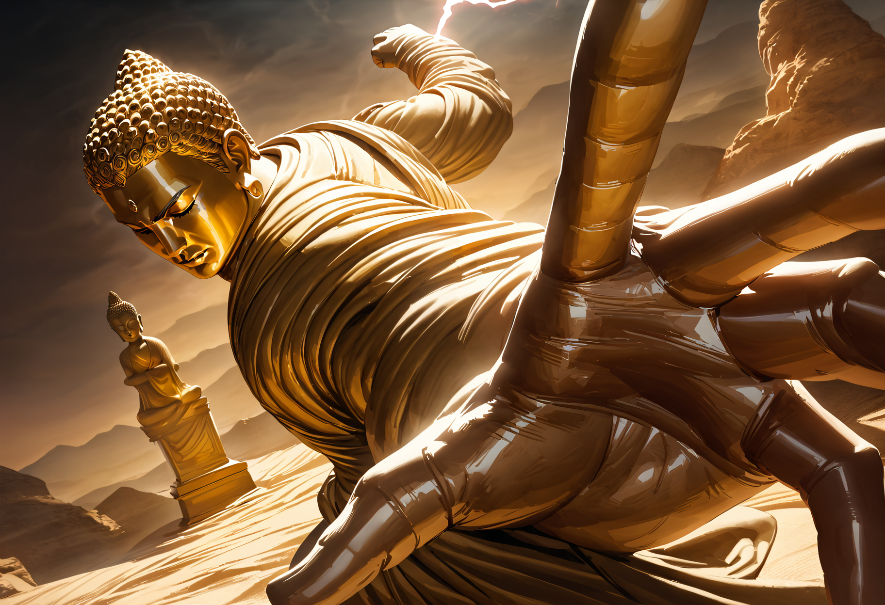 masterpiece, best quality, (realistic:0.8), fantasy, lightening effects around the fist, the gold statue of The Buddha, closed eyes, heaven background, hands Stigmata IncrsPunchMeme, incoming punch, backlightening, (ultra-detailed), very aesthetic, illustration, perfect composition, intricate details, <lora:PepePunchMeme_XLPD:1>,
