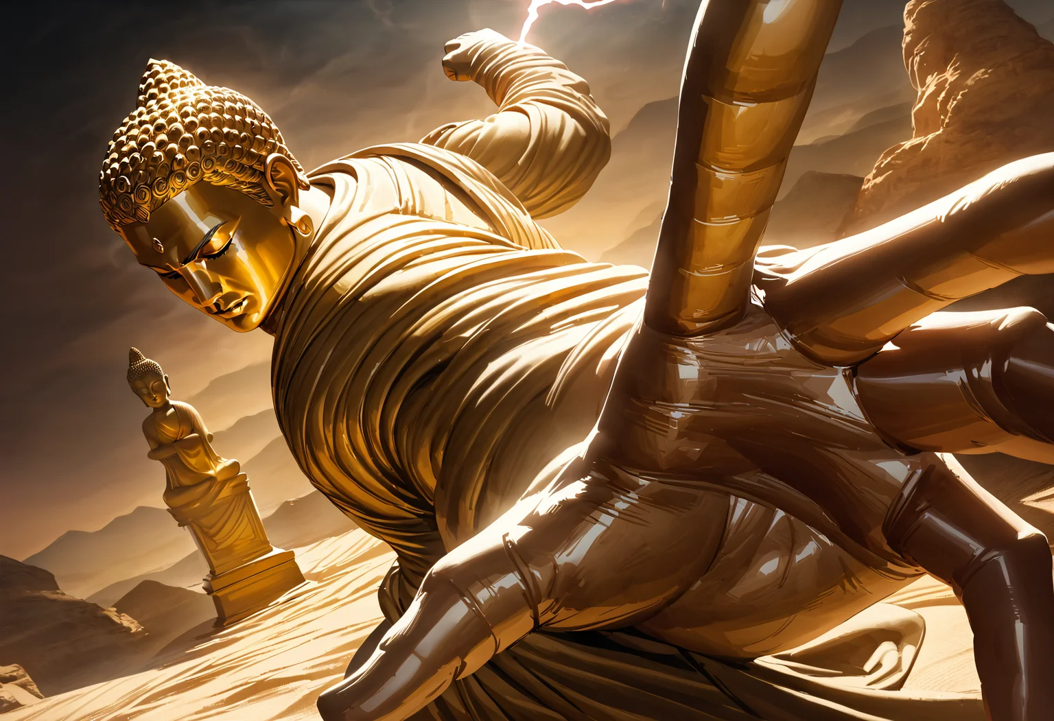 masterpiece, best quality, (realistic:0.8), fantasy, lightening effects around the fist, the gold statue of The Buddha, closed eyes, heaven background, hands Stigmata IncrsPunchMeme, incoming punch, backlightening, (ultra-detailed), very aesthetic, illustration, perfect composition, intricate details, <lora:PepePunchMeme_XLPD:1>,