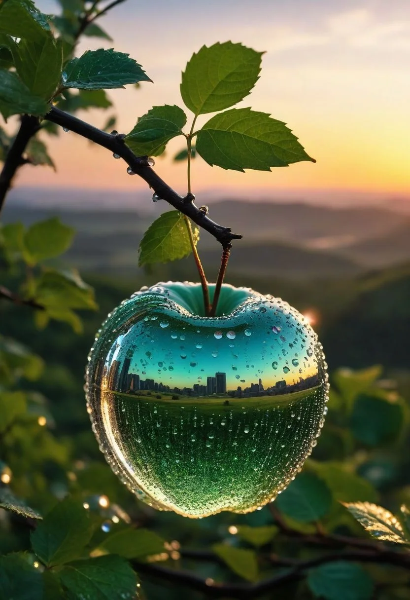 ASCII,masterpiece, hyper detailed, 8k, ray tracing, ultra sharp,
((a delicate big apple) ), made of opale hung on branch in a beautiful dawn, in the background beautiful valleys, (Dew drops) , divine iridescent glowing, opalescent textures, volumetric light, ethereal, sparkling, light inside body, bioluminescence, studio photo, highly detailed, sharp focus, photorealism, 8k, best quality, ultra detail:1. 5, hyper detail, hdr, hyper detail