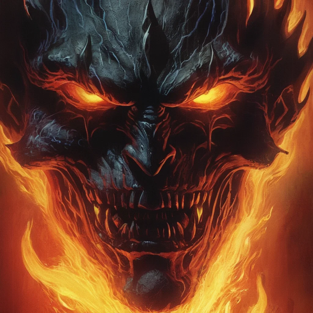 concept art of  <lora:graphic novel style:1.2>
1980's a close up of a demonic face with flames In the graphic novel style, digital artwork, illustrative, painterly, matte painting, highly detailed