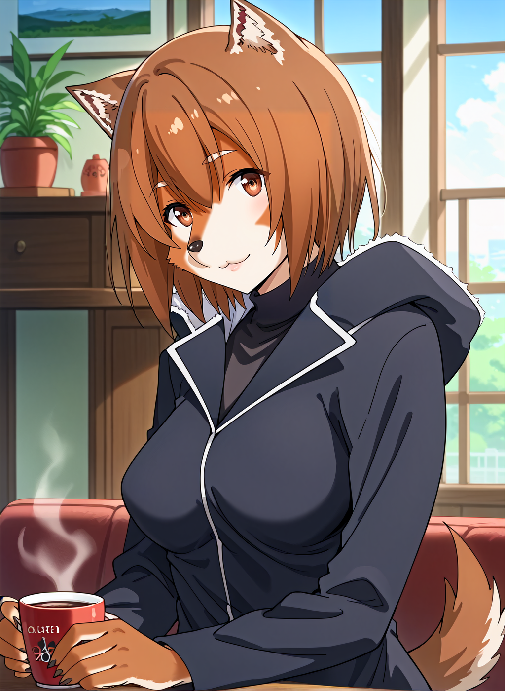 score_9,score_8_up,score_7_up,source_anime,anime,nsfw,rating_explicit,uncensored,High quality,Ultra detailed,best quality,insanely detailed,beautiful,masterpiece,prefect lighting BREAK
<lora:inukai_towa_V1:1>,(inukai_towa_b, brown hair, short hair, furry female, dog ears, brown eyes, animal nose, dog girl, brown fur,medium breasts,coat,dog tail,long sleeves,turtleneck,hood),1girl,solo,smile,front view,day,indoor,couch,table,coffee,looking_at_viewer