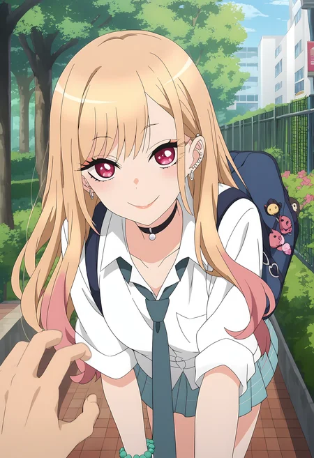 (score_9, score_8_up, score_7_up), (masterpiece, best quality, very aesthetic, ultra detailed, source anime, anime, intricate details), <lora:Sono Bisque Doll wa Koi wo Suru - Marin Kitagawa XL R1.1:0.8>, 1girl, long hair, looking at viewer, smile, shirt, blonde hair, red eyes, jewelry, school uniform, white shirt, multicolored hair, outdoors, earrings, necktie, choker, solo focus, bag, bracelet, tree, black choker, pov, piercing, ear piercing, beads, school bag, pov hands, gyaru, bead bracelet, kitagawa marin