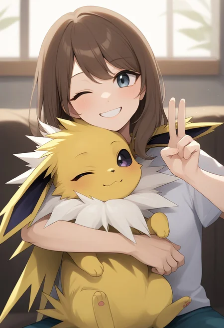 (source_anime, score_9, score_8_up, score_7_up:1), pmandgal, (rating_safe:1.8), 1girl, 1poke, hugging, human female, male jolteon, brown hair, peace sign, smile, one eye closed, looking at viewer, indoors