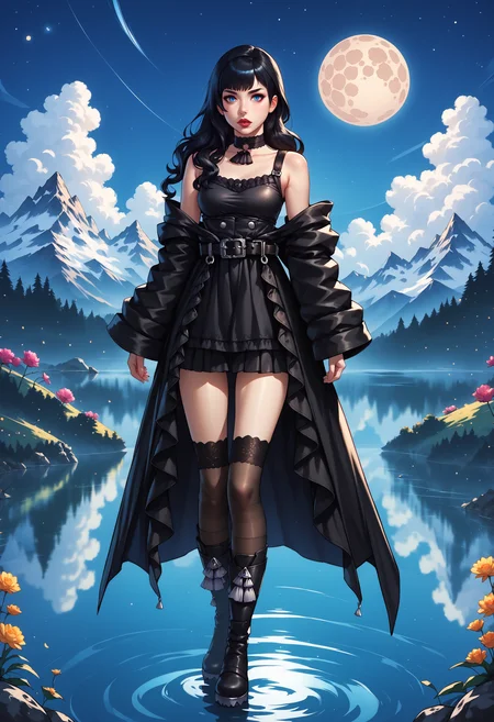 zPDXL,score_9, score_8_up, score_7_up, 1girl, source_anime, full body, young woman, lake, mountainous horizon, starry sky, full moon, 
 <lora:Gaia_FFXIV:.75>  gaia \(ff14\), blue eyes, lips, black hair, black dress, boots, choker, belt, black thighhighs, bare shoulders, off shoulder, detached sleeves, short skirt,
