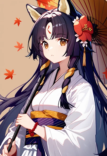 saga \(arknights\), 1girl, solo, umbrella, japanese clothes, animal ears, kimono, holding umbrella, long hair, dog ears, holding, hair ornament, flower, hair flower, oil-paper umbrella, looking at viewer, black hair, maple leaf, forehead mark, upper body, parted lips, very long hair, facial mark, long sleeves, wide sleeves, parted bangs, leaf, white kimono, bracelet, autumn leaves, brown background, sash, brown eyes, red flower, simple background, alternate costume, beads, obi, dog girl, jewelry,
absurdres, score_9, score_8_up, score_7_up, score_6_up, best quality, masterpiece, very aesthetic <lora:dog_girl_concepts_v1.2:1>