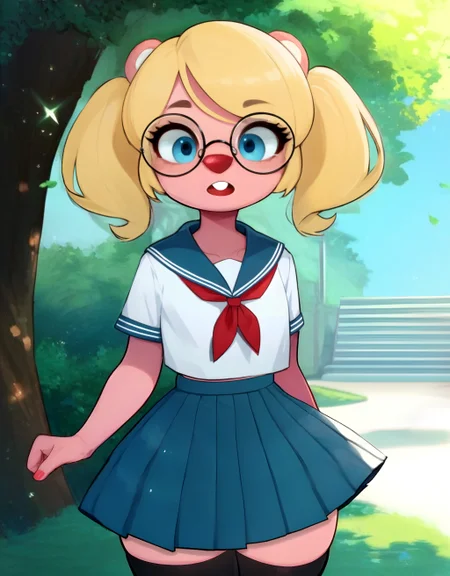 park, (((solo))) 1girl beaver loopy_plush, glasses, blue_eyes, blonde twintails, serafuku skirt, fku anime, standing, thighhighs, wide_hips, cute