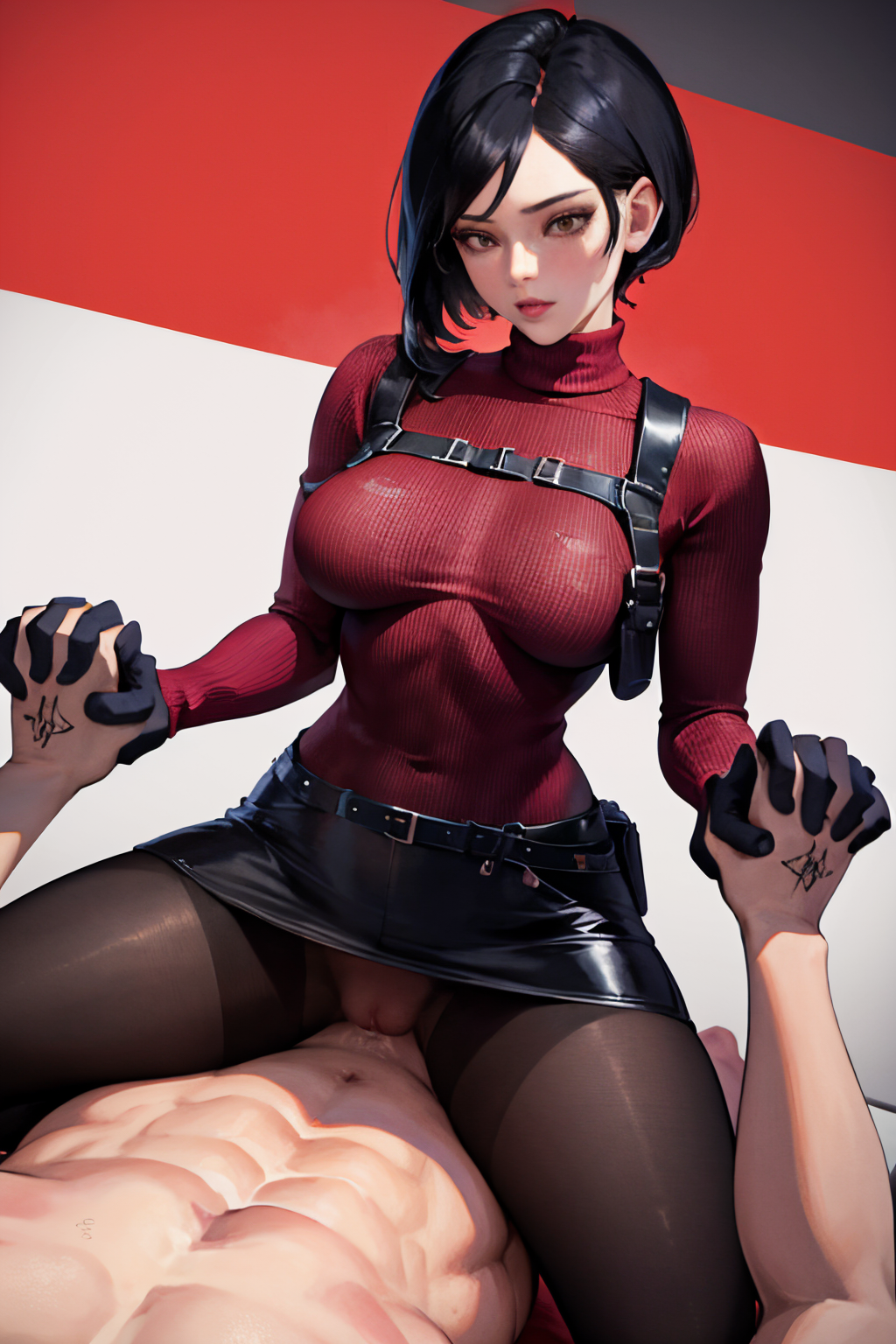 masterpiece, best quality, ultra-high-detailed,  holding hands, 1girl, 1boy, cowgirl position, sex, vaginal, girl on top, pov, straddling,  adasweater, red sweater, turtleneck, harness, pantyhose, black gloves, belt