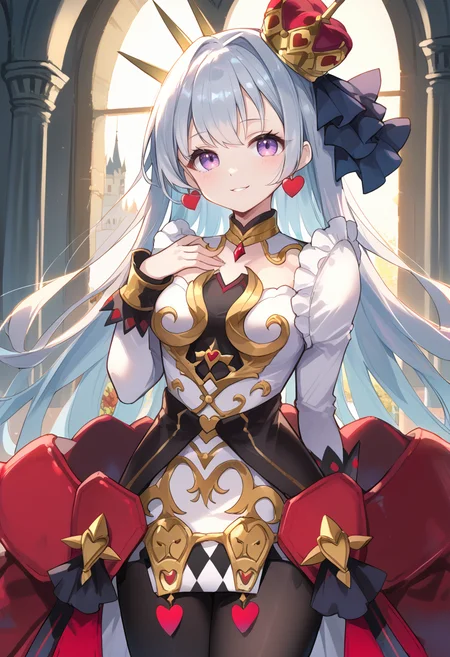 (score_9:0.9),score_8_up,score_7_up,rating_safe,anime style,(zPDXL),(zPDXL3),<lora:MALICE Queen Hearts of Crypter ponyXL v1:0.75>,mâlice queen hearts of crypter,1girl,solo,castle,red crown,looking at viewer,black pantyhose,heart halo,multicolored dress,upper body,light smile,hand on own chest,