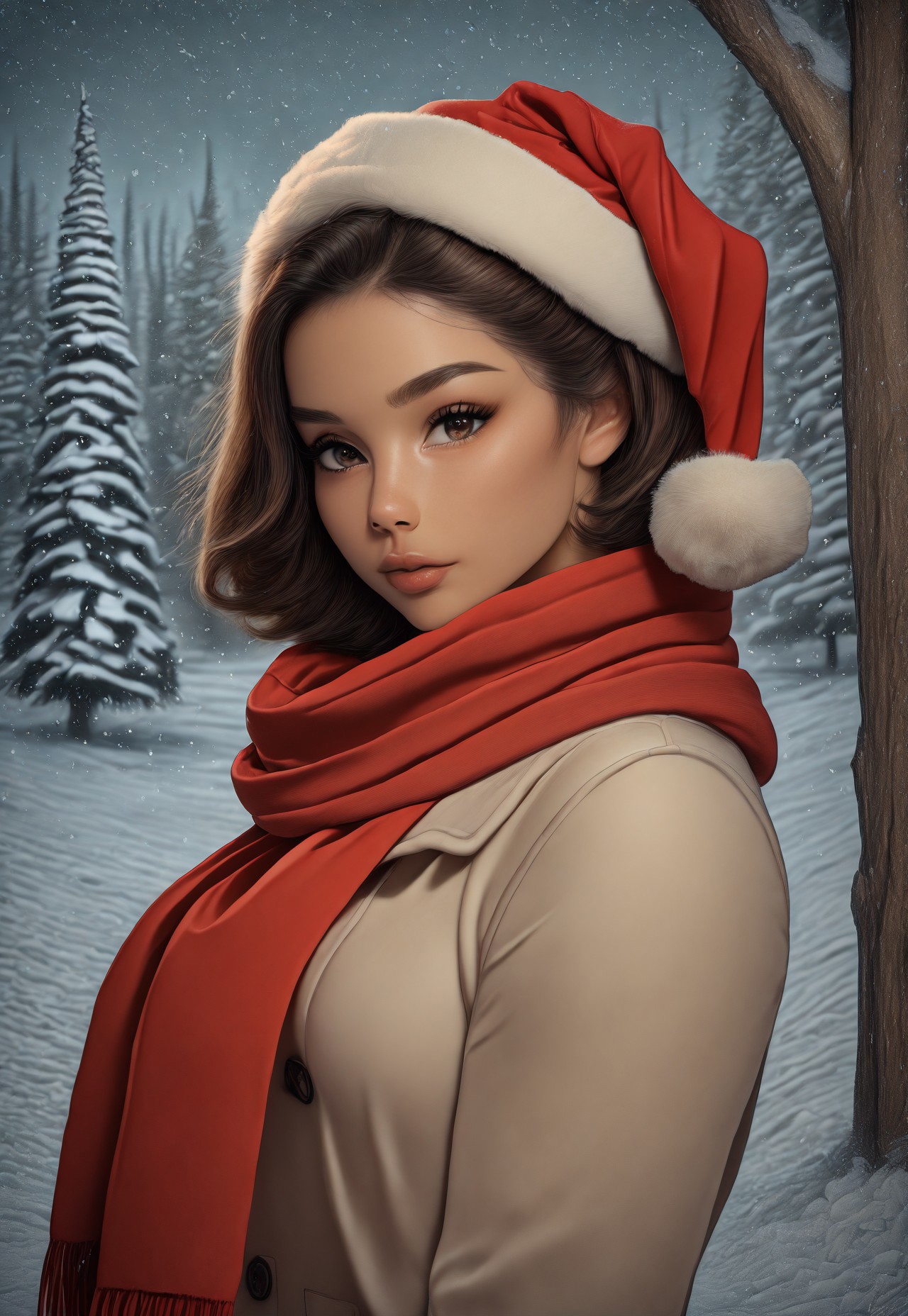 masterpiece, absurdres, best quality, Christmas Aesthetic, 1girl, solo, hat, scarf, brown hair, snow, brown eyes, red scarf, tree, christmas, upper body, looking at viewer, snowing, short hair, pine tree, lips, santa hat, winter, coat, red headwear