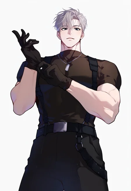 embedding:Pony\Positive\zPDXL3, score_9, score_8_up, score_7_up, score_6_up, passion_ilay, 1boy, grey hair, grey eyes, male focus, black gloves, belt, black shirt, black pants, adjusting clothes, adjusting gloves, dogtag necklace, from below