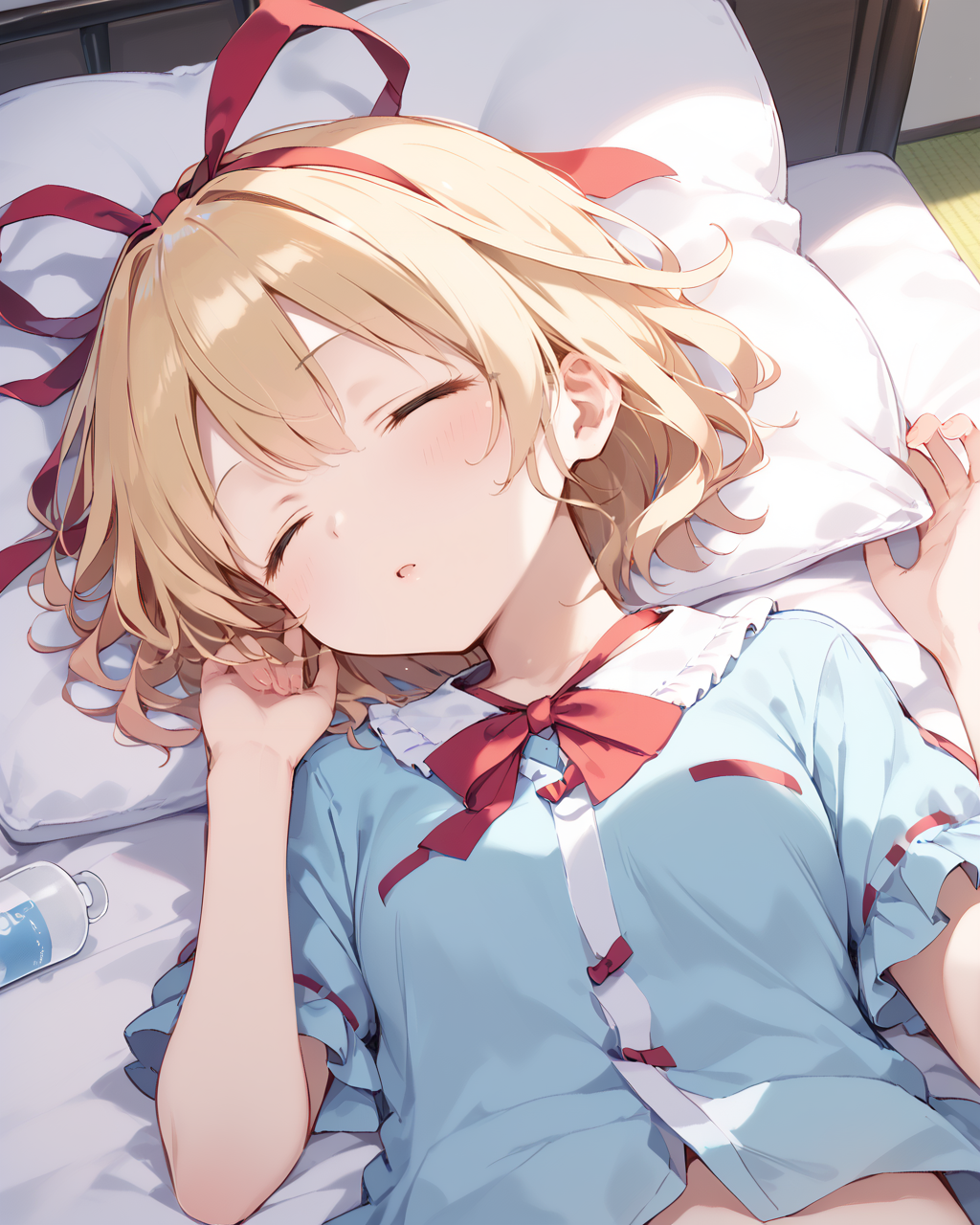 score_9, score_8_up, score_7_up, BREAK
source_anime, best quality, masterpiece, BREAK
1girl,solo, skinny, BREAK
<lora:mediN_nrm_pony:1> mediN,medicine melancholy, blonde hair, hair ribbon, short hair, bangs,wavy hair,red ribbon,ribbon,
sleeping, closed eyes, open mouth, frills,  white pajamas, pillow, lying