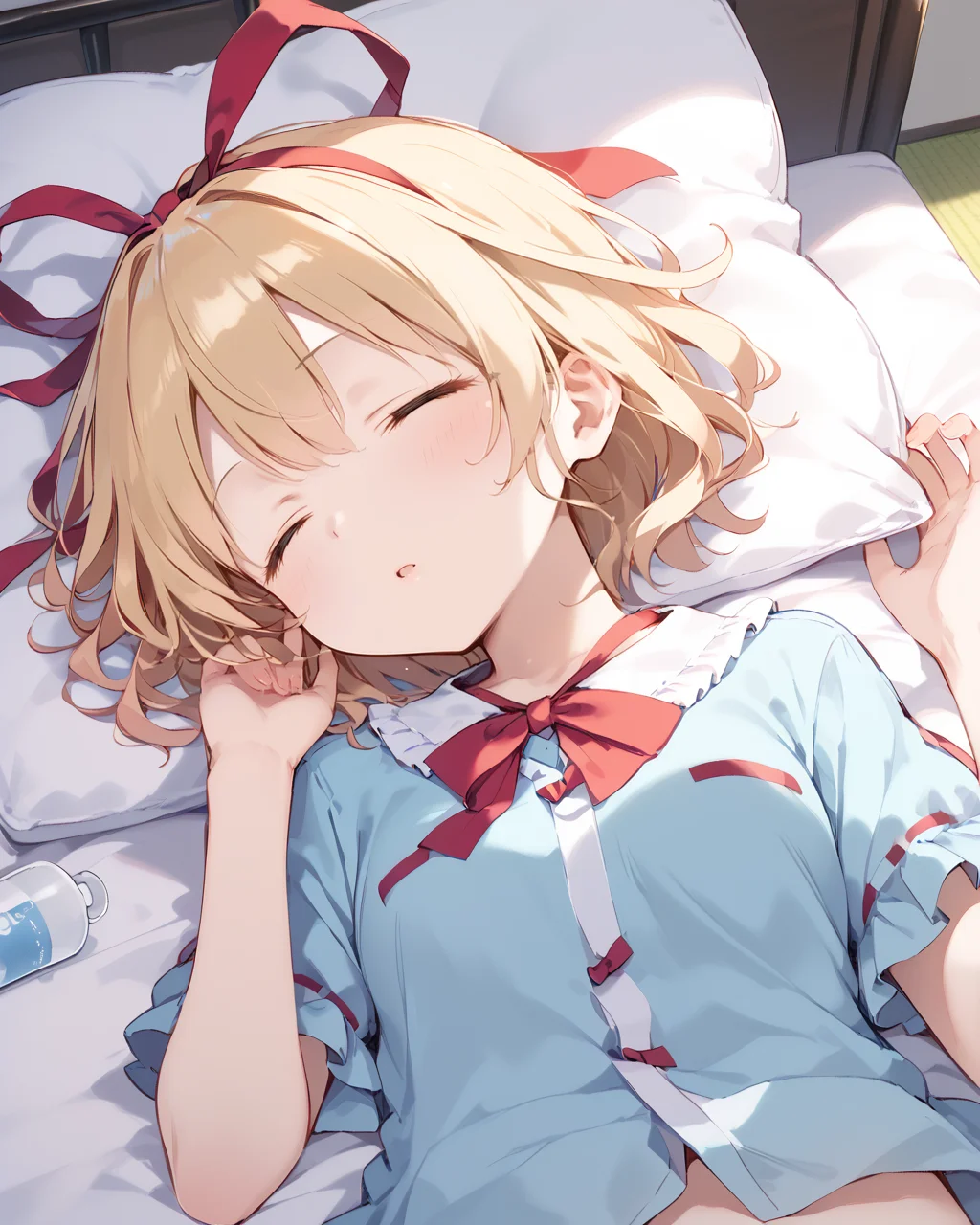 score_9, score_8_up, score_7_up, BREAK
source_anime, best quality, masterpiece, BREAK
1girl,solo, skinny, BREAK
<lora:mediN_nrm_pony:1> mediN,medicine melancholy, blonde hair, hair ribbon, short hair, bangs,wavy hair,red ribbon,ribbon,
sleeping, closed eyes, open mouth, frills,  white pajamas, pillow, lying