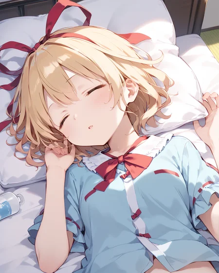 score_9, score_8_up, score_7_up, BREAK
source_anime, best quality, masterpiece, BREAK
1girl,solo, skinny, BREAK
<lora:mediN_nrm_pony:1> mediN,medicine melancholy, blonde hair, hair ribbon, short hair, bangs,wavy hair,red ribbon,ribbon,
sleeping, closed eyes, open mouth, frills,  white pajamas, pillow, lying