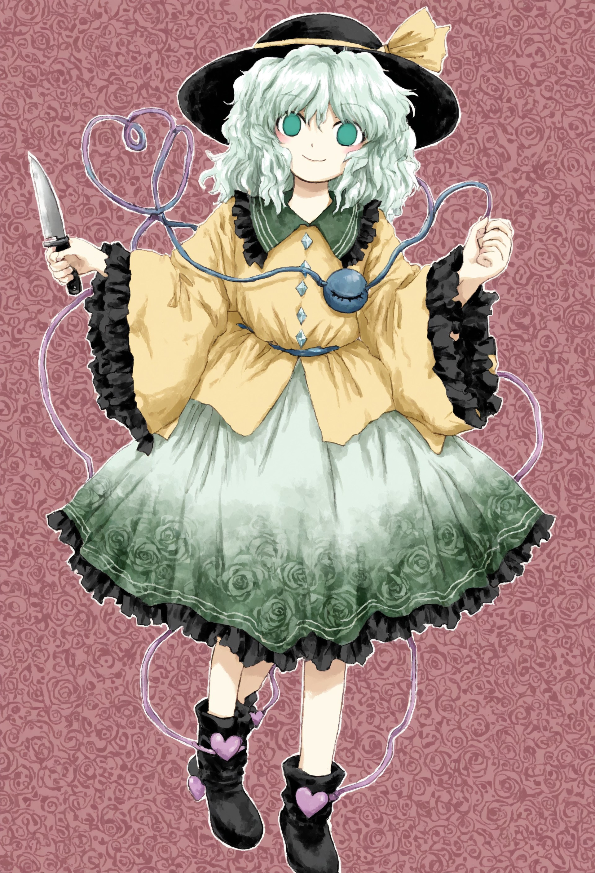 EoSD, masterpiece, (best quality:2.0), absurdres, full body shot, abstract pattern background, BREAK, 1girl, koishi komeiji, empty eyes, smile, happy, uncanny, holding knife in one hand, other hand clenched, other hand empty, dynamic pose