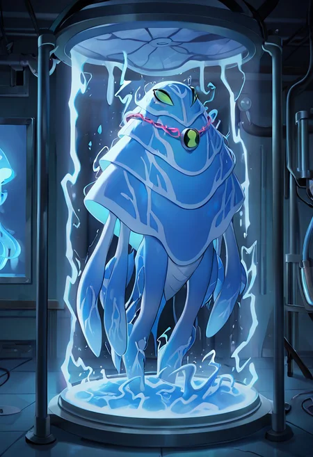 masterpiece, best quality, amazing quality, very aesthetic, absurdres, newest,, detailed background, 
 ampfibian, full body, pokemon (creature), no humans, colored sclera, green eyes, blue skin, tentacles, extra eyes, colored skin, squid, jellyfish,   no mouth, 
inside test chamber, chained neck, neck chains, test tubes, blue electricity,