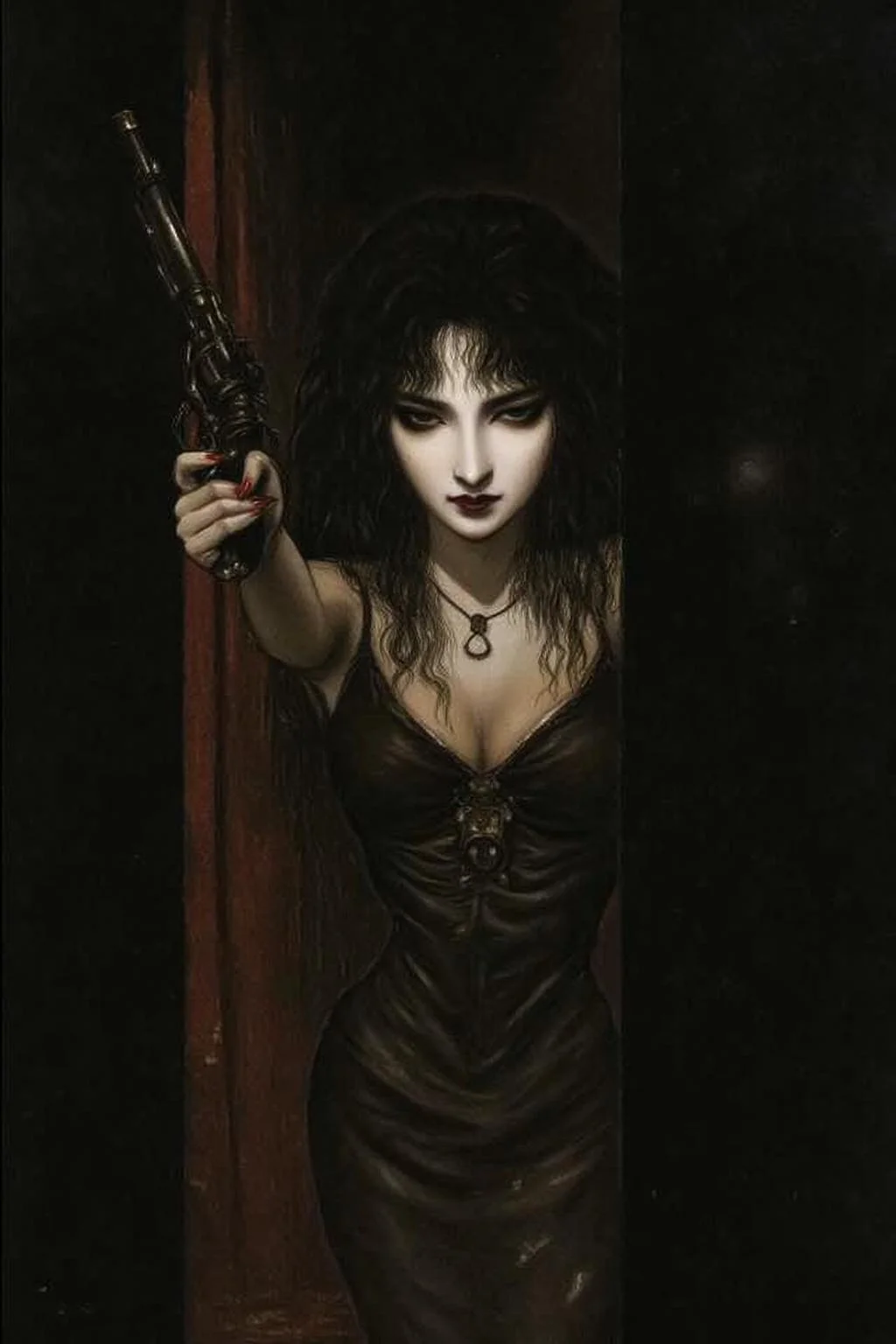 amayo illustration.
a mysterious woman with dark, wavy hair and piercing eyes stands in the shadows of a dimly lit room. She is holding a small revolver with a delicate yet firm grip. Her red lipstick is the only color that stands out in the darkness, her intentions unclear but dangerous. <lora:amayo1_cap_d6a3e11:1.0><lora:827340220526740352:0>