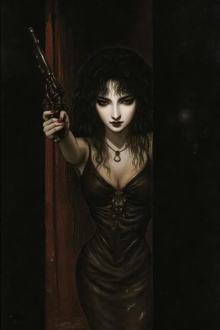 amayo illustration.
a mysterious woman with dark, wavy hair and piercing eyes stands in the shadows of a dimly lit room. She is holding a small revolver with a delicate yet firm grip. Her red lipstick is the only color that stands out in the darkness, her intentions unclear but dangerous. <lora:amayo1_cap_d6a3e11:1.0><lora:827340220526740352:0>