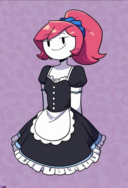 score_7, 1girl, pink hair, ponytail, blue scrunchie, white skin, colored skin, flat color, no sclera, black oval eyes, maid outfit, happy, bright smile,