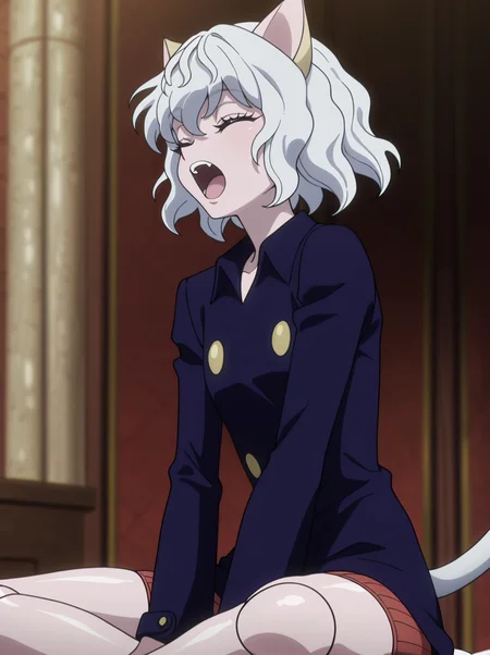 masterpiece, best quality, amazing quality, very aesthetic, absurdres, newest,shiny skin,  anime screenshot, 
 <lora:Neferpitouillust:1>1girl, neferpitouillust, other focus, solo, animal ears, cat ears, tail, cat tail, androgynous, short hair, white hair, smile, doll joints sitting yawning,  closed eyes,