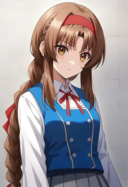 best quality, 4k, rating_safe, very aesthetic, source_anime,1girl, <lora:Takao:0.9>,takao,brown hair,brown eyes,long hair,single braid,red hairband,neck ribbon,white shirt,long sleeves,blue vest,gray skirt,school uniform,