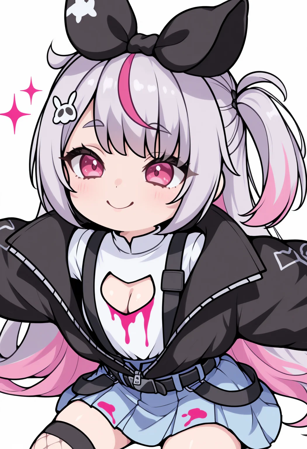 masterpiece, best quality, 1girl, solo, M1m1Def, pink eyes, grey hair, pink hair, multicolored hair, long hair, one side up, oversized hair bow, black bow, hair ornament, white shirt, high collar, cleavage cutout, paint on clothes, suspenders, black jacket, partially unzipped, black belt, blue skirt, asymmetrical legwear, black thighhigh, fishnet thighhigh, lineart, sitting, on floor, smile, sparkles, spread arms, chibi, meme, thick lines, simple background, white background, <lora:ChamTosakiMimiNoob:1>