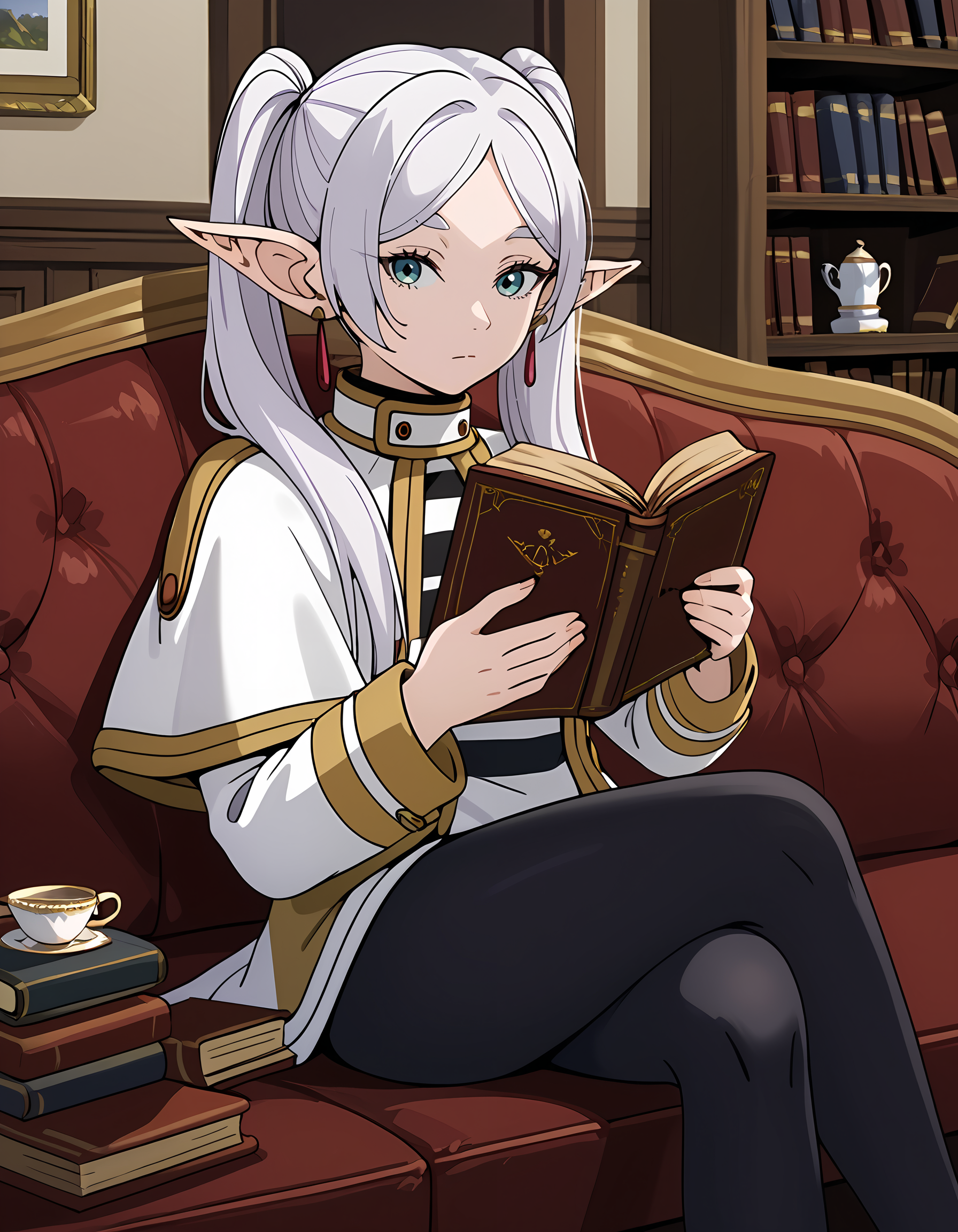 <lora:Frieren:1>fr1eren, 1girl, holding book, reading, holding cup, jewelry, white capelet, earrings, sitting, long hair, black pantyhose, gold trim, closed mouth, teacup, indoors, long sleeves, open book, crossed legs, book stack, looking at viewer, couch, striped shirt, striped clothes