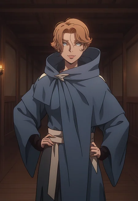 masterpiece, best quality, amazing quality, very aesthetic, intricate details, depth of field, cel shading, pinup, BREAK.
indoors, inside,
looking at viewer, smirk,
BREAK.
standing, contrapposto, hands on own hips,
portrait, cowboy shot, front view, facing viewer, straight-on,
BREAK.
cape, cloak, hooded cloak, robe, long robe, long sleeves, wide sleeves, arm sleeves, black sleeves, sleeves past wrists, black skirt, long skirt, brown footwear, sandals, BREAK.
<lora:SyphaBelnedes_ILXL_v1:1>, 1girl, solo, blue eyes, brown hair, short hair, medium breasts, BREAK.
<lora:Castlevania(Netflix)_ILXL_Style_v1:0.6>