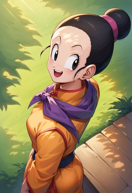 score_9, score_8_up, score_7_up, <lora:ch1ch1:1> ch1ch1, chi-chi (dragon ball), solo, orange chinese clothes, purple scarf, (siting:1.2), happy face, detailed background, forest,Dappled Sunlight, from above, dynamic angle, from side