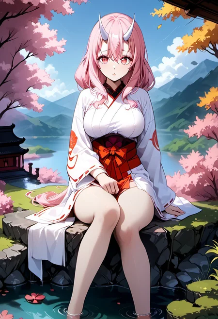 score_9, score_8_up, score_7_up, score_6_up, source_anime, source_ecchi, anime, masterpiece, Expressiveh, anime coloring, 1girl, perfect body, full body, perfect face, perfect eyes, detailed eyes, high definition eyes, beautiful eyes, perfect lipps, sexy, sexy girl, petite body, slim body, looking at viewer, posing, dynamic angle, cowboy shot, lust full of gaze, Shiny skin, covered nippels,
,pink hair, low-tied long hair, long hair, bangs, shiny hair, hair between eyes, white oni horns, pink eyes, parted lips, large breasts,
miko, red hakama
outdoor, trees, temple, river, sitting by the river ,sitting, feet in the river, feet in the water,
<lora:Shuna - Pony-000004:0.7>,<lora:Expressive_H-000001:0.8>, expressiveH, <lora:MythP0rtr4itStyle:1>, mythp0rt, <lora:Pony_DetailV1.0:-1.0>