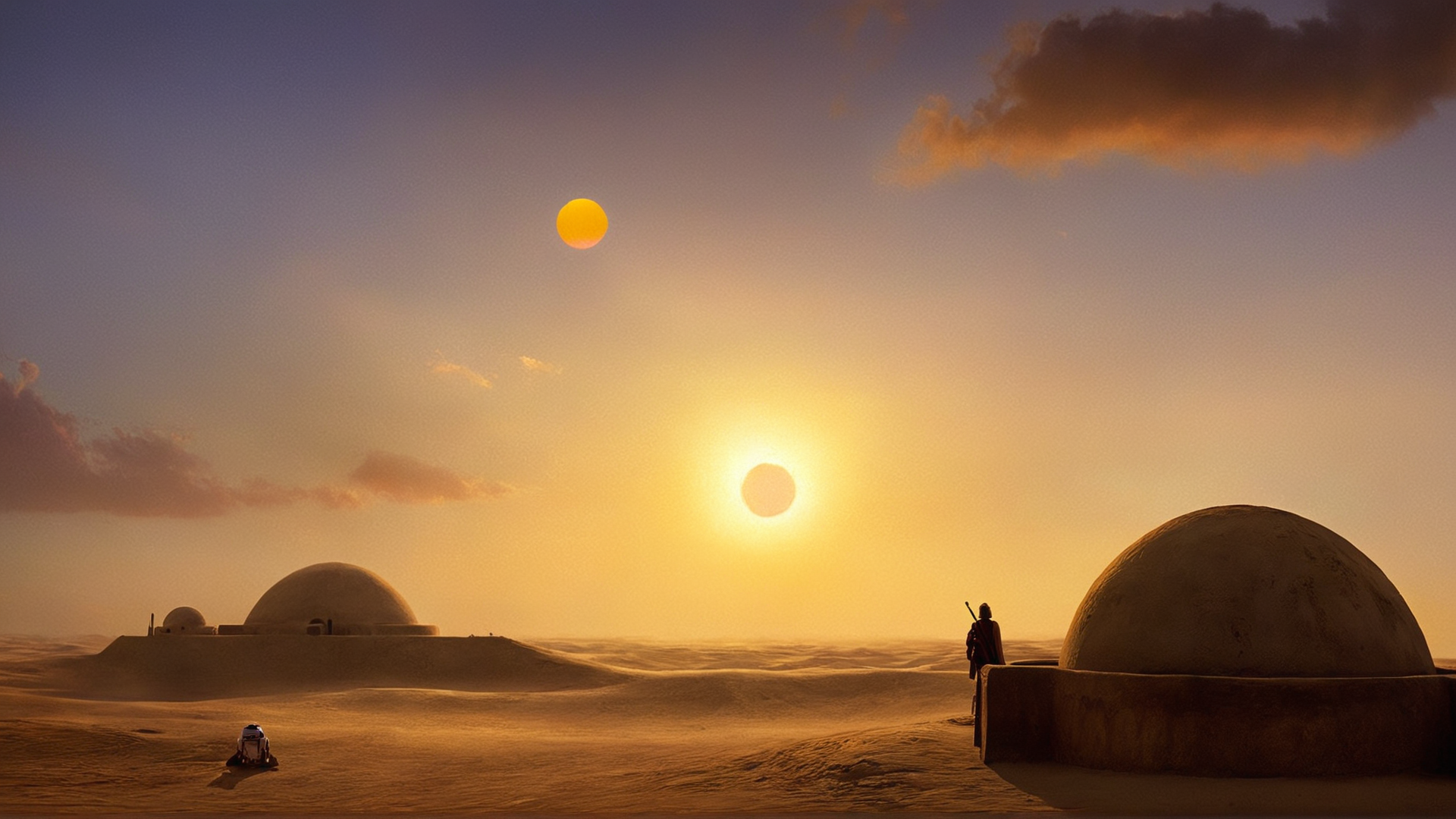 cinematic film still of  <lora:star wars style:0.2>
<lora:detailed:0.4> detailed
<lora:perfection style:0.4> perfect
<lora:PerfectEyesXL:0.5>
 <lora:Chiaroscuro Lighting Style:0.3>
 <lora:Tatooine:0.9>
Tatooine a painting of a sun and another sun in sky,in star wars style,hat,outdoors,sky,cloud,scenery,sunset,sun,silhouette, shallow depth of field, vignette, highly detailed, high budget, bokeh, cinemascope, moody, epic, gorgeous, film grain, grainy