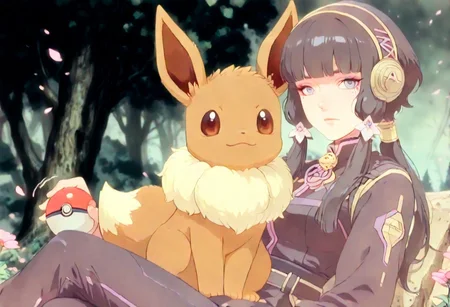 <lora:ck-shadow-circuit-IL:0.78>,
masterpiece, best quality, good quality, very aesthetic, absurdres, newest, 8K, depth of field, focused subject,
dynamic angle, manga, anime, ink sketch, dynamic angle, dutch angle, wabi sabi, 1girl trainer, holding a pokeball, Eevee pokemon (creature) sitting on her lap, looking at viewer, relaxing, motion lines, bronze palette, background trees and forest with floating flower petals in the wind
<lora:MoriiMee_Gothic_Niji_Style_Illustrious_r1:0.45>
<lora:ck-nc-cyberpunk-IL-000011:0.4>
<lora:ck-neon-retrowave-IL:0.2>
<lora:ck-70s-scifi-IL:1>