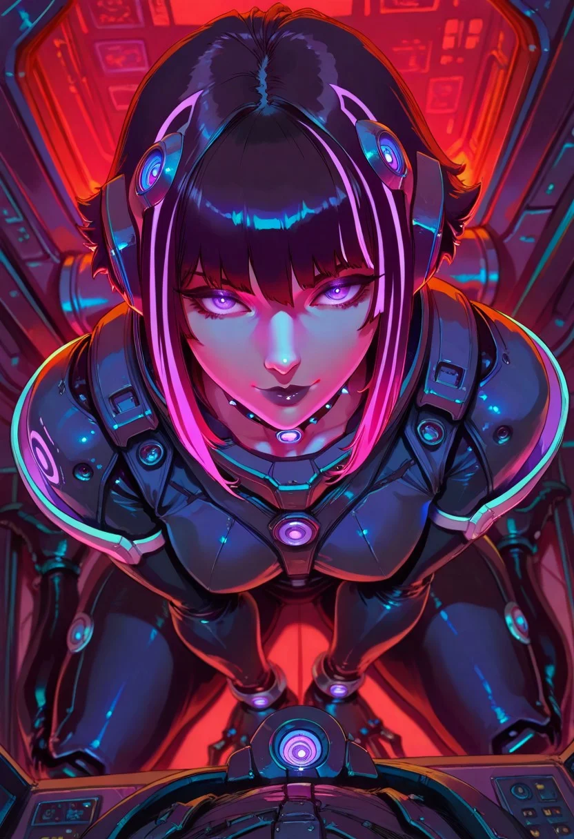 goth masterpiece, best quality, good quality, very aesthetic, absurdres, newest, 8K, depth of field, focused subject, 1girl, science-fiction, pov, light, from front, from above, 1girl, sci-fi, sitting, white marble outliner, grain, smile, (sexy) space suit, swirl, neon hair, short goth hair, mecha choker, tubes into parts, dynamic angle, in the style of cknc and pun 43, red filter /neon, full body shot
(cutesexyrobutts:0.9)