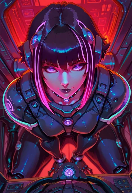goth masterpiece, best quality, good quality, very aesthetic, absurdres, newest, 8K, depth of field, focused subject, 1girl, science-fiction, pov, light, from front, from above, 1girl, sci-fi, sitting, white marble outliner, grain, smile, (sexy) space suit, swirl, neon hair, short goth hair, mecha choker, tubes into parts, dynamic angle, in the style of cknc and pun 43, red filter /neon, full body shot
(cutesexyrobutts:0.9)