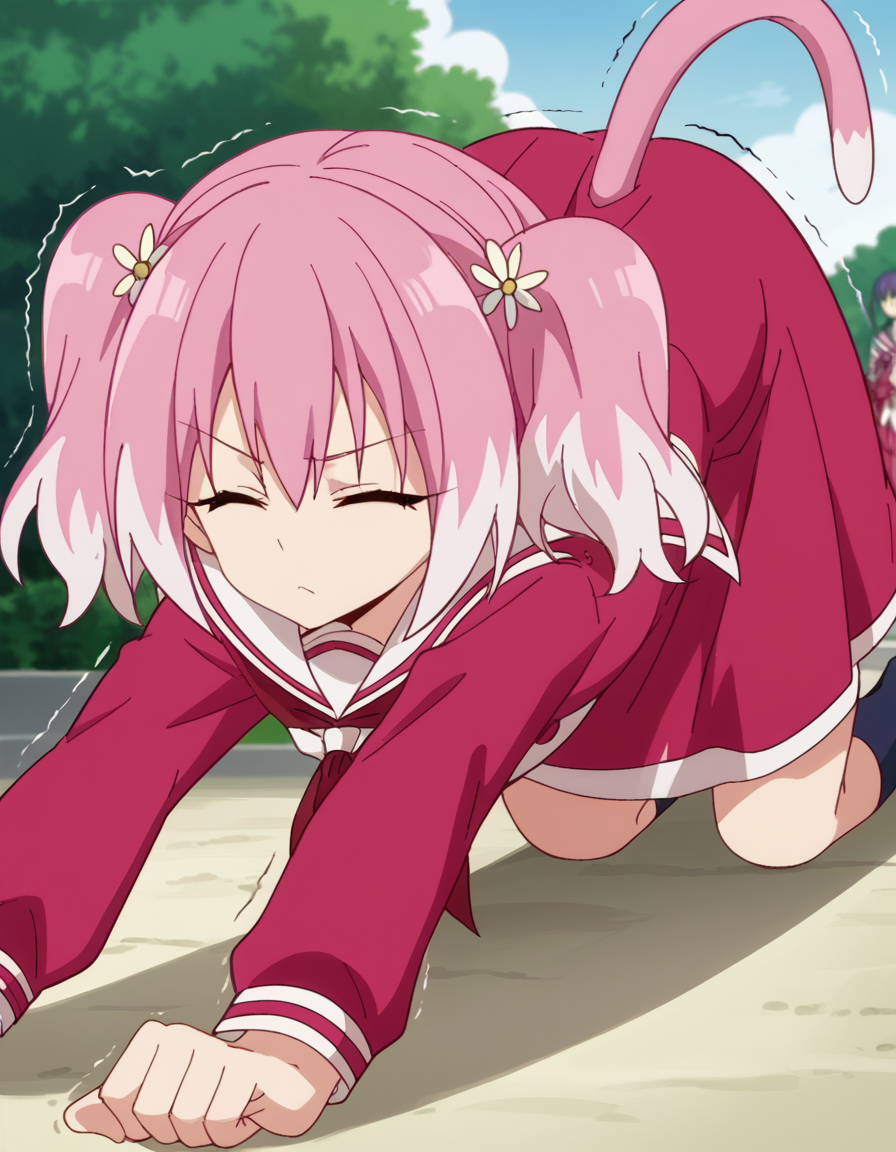 score_9, score_8_up, score_7_up, source_anime, <lora:nana-hiiragi-s1-ponyxl-lora-nochekaiser:1>, nana hiiragi, aqua eyes, twintails, pink hair, flower, white hair, multicolored hair, hair flower, two-tone hair, anime screencap, dress, school uniform, sailor dress, red neckerchief, white sailor collar,, market, stalls, people, food, trade, , <lora:cat-stretch-ponyxl-lora-nochekaiser:1> cat stretch, stretching, top-down bottom-up, all fours, arched back, closed eyes, cat tail, animal ears, tail ears, trembling,, looking at viewer, solo,, dutch angle, cowboy shot