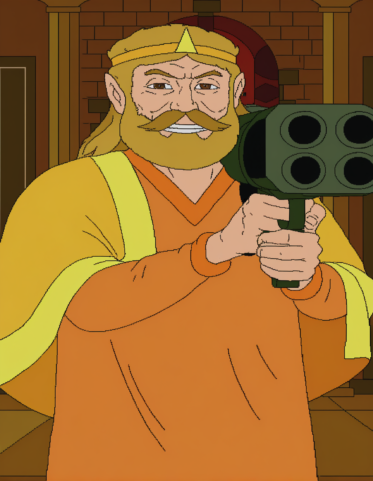 <lora:cdi-style_vpred-noobaiv10_:1> masterpiece, best quality, cdi style, indoors, 2D, flat shading, flat color, jaggy lines, 1boy, male focus, solo, facial hair, beard, mustache, indoors, upper body, blonde hair, king harkinian, armor, door, long sleeves, brown eyes, orange robe, yellow cape, crown, standing, looking at viewer, holding gun, weapon, (holding rocket launcher, rocket launcher:1.1), smug, big eyes, grin, smileâââ