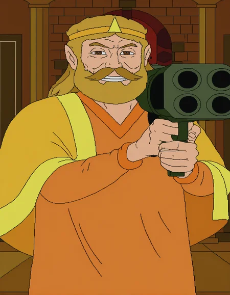<lora:cdi-style_vpred-noobaiv10_:1> masterpiece, best quality, cdi style, indoors, 2D, flat shading, flat color, jaggy lines, 1boy, male focus, solo, facial hair, beard, mustache, indoors, upper body, blonde hair, king harkinian, armor, door, long sleeves, brown eyes, orange robe, yellow cape, crown, standing, looking at viewer, holding gun, weapon, (holding rocket launcher, rocket launcher:1.1), smug, big eyes, grin, smileâââ