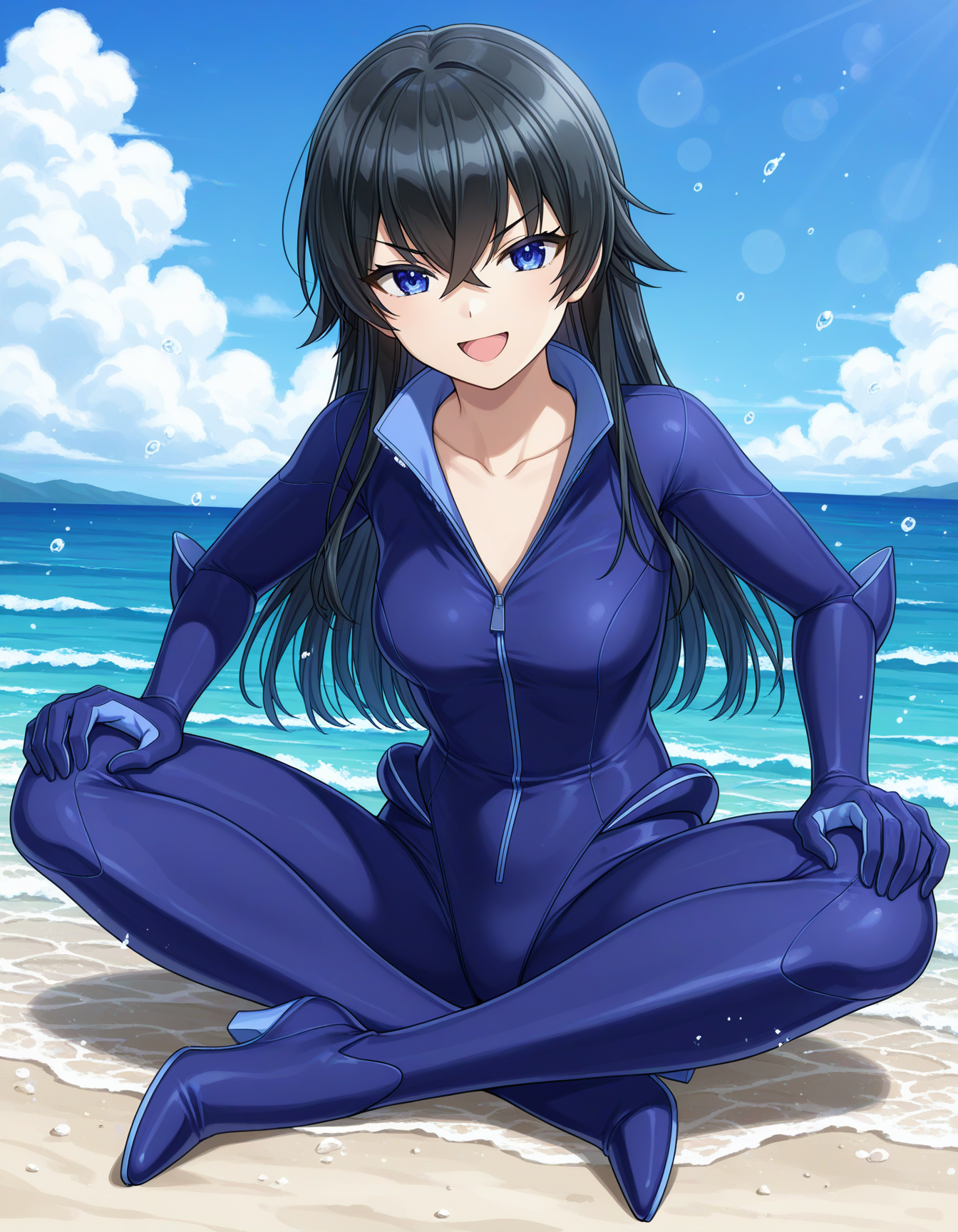 1girl, solo, hagane otsuki, black hair, long hair, hair between eyes, blue eyes, v-shaped eyebrows, smile, open mouth, Otsuki_Uniform, blue bodysuit, collarbone, elbow parts, zipper, blue heels, indian style, hands on knees, sitting on beach, light theme, blue sky, cloud, sea, waves, water splash, outdoors <lora:hagane_otsuki_ilxl_v1-1:0.8>
