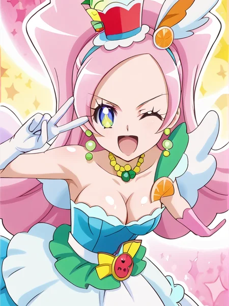 detailed background, shiny skin, posing,
<lora:cureparfait.pony:1>,
cureparfait,
large breasts,
one eye closed, open mouth, v, w,