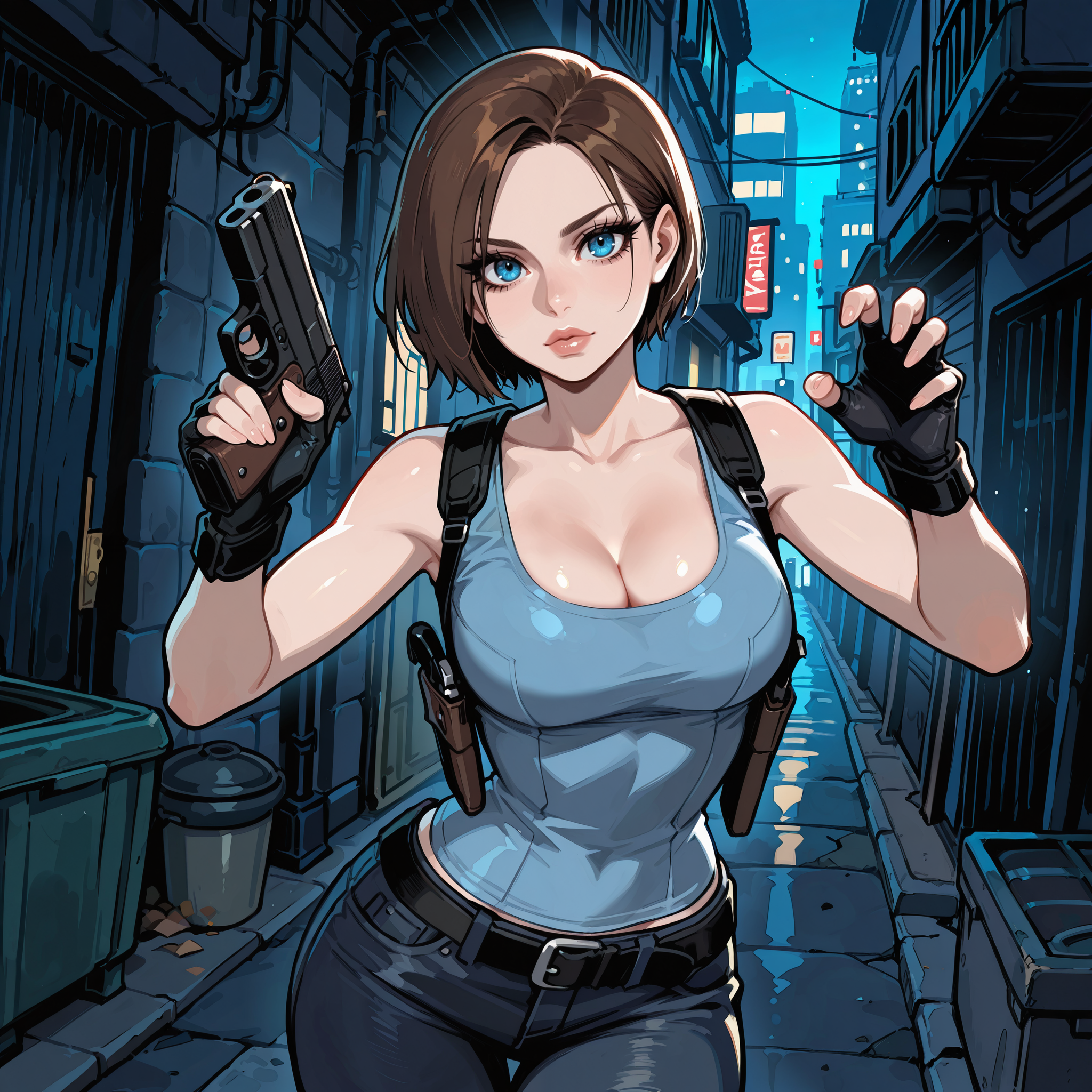 masterpiece, best quality,

dynamic angle, sexy pose, hands on pistol,

BREAK

perfect character, perfect hands, perfect fingers, detailed character, detailed face, detailed eyes, detailed eyelashes, detailed lips, 

1girl, jill valentine from resident evil, caucasian girl, fair skin color, brown hair color, medium length hair, blue eye color,

fit body, almond shaped eyes, long eyelashes, thick lips, round medium breasts, small narrow waist, wide hips,

BREAK

blue tank top, cleavage, black leather shoulder holsters, dark blue denim jeans, black fingerless gloves,

BREAK

detailed background, detailed scenery, outdoors, modern city, alleyway, in a dark alleyway, garbage:0.6, dumpster:0.6, nighttime, dark,