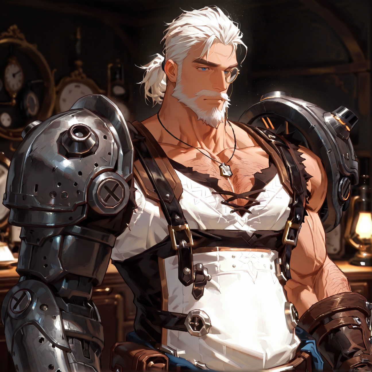 upper body, 
<lora:Gleen_ILXL:.6>    gl3en, blue eyes, white hair, tied hair, beard, monocle, necklace, single mechanical arm, white and brown shirt, laced-up shirt, white apron, leather strap, leather glove, utility belt, blue pants, iron boots
(short hair), male focus, muscular male, large pectorals,  muscular male, bara, mature, (hairy body, body hair, hairy body, glossy skin, bara, mature, facial hair, beard, sideburn, beard, full beard, stubble), facial hair, bara, mature, body hair, aixiwuganda_(20222192), very awa, masterpiece, best quality, absurdres, newest, perfect quality, detailed background, intricate details <lora:slider_Body Type_alpha1.0_rank4_noxattn_last:2><lora:Anime Summer Days 2 Style SDXL_LoRA_Pony Diffusion V6 XL:.6><lora:merged:.5>, DARK, DARK BACKGROUND, LOW-KEY LIGHTING <lora:slider_cfg_scale_boost:.7><lora:Artist6p:.55>, Artist6p, Artist04p<lora:style_Heavenly_Beauty_r1:1>, (heavenlybeauty,) <lora:slider_il_contrast_slider_d1:-.7>