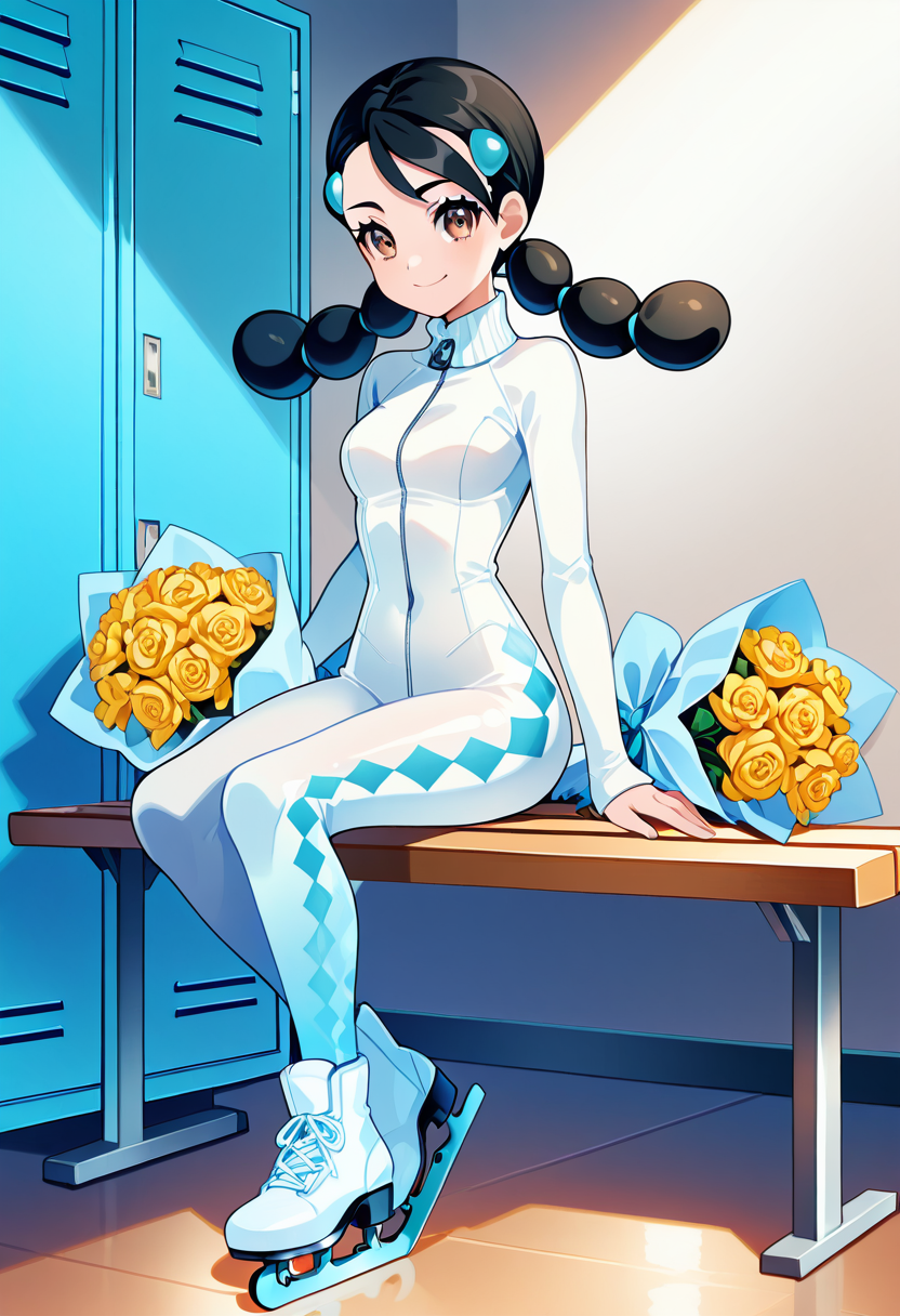 masterpiece, best quality, 1girl, solo, eyelashes, (beautiful eyes), narrow waist, smile,  sitting,    [Backstage Ice Bloom], zzCandice, brown eyes, hair ornament, twintails, C0utur3Cr4z3, glittery bodysuit, faux fur wrap, sparkly tights, figure skates, locker room bench, fogged mirror, bouquet beside her â zzCandice sits on a locker room bench post-performance, one skate still on as she rests her chin on her palm. Her glittery costume catches the warm bulbs above, bouquet of flowers resting beside her. She exhales, calm and radiant, twintails still styled perfectly from her final spin.   , <lora:CandicePokemon_NAI:0.8>,   <lora:CoutureCraze_IXL:0.7>,