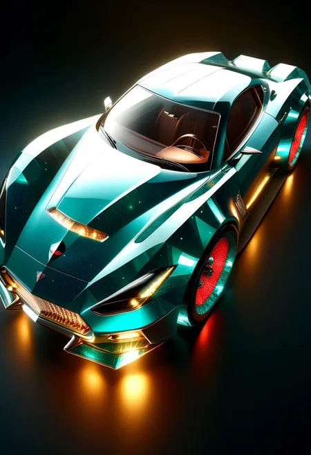 A futuristic car made entirely of transparent crystal that has hints of a 1955 Corvette sting ray convertible. It is entirely made out of transparent red glass crystal with a depth that reflects what looks like the universe of galaxies and stars, ultra detailed, enhanced, prismatic colors, render, CRU, sharp, 8k, octane render, cinema 4d, blender, dark, atmospheric 4k ultra detailed, cinematic, Sharp focus, big depth of field, Masterpiece, colors, 3d octane render, 4k, concept art, hyperrealistic, Vivid colors, extremely detailed 8k wallpaper, Intricate, High Detail. Car has square LED headlights, a glowing LED Sting Ray emblem. LED running lights Car is in a futurist high tech dealer showroom on a circular platform that is lit from below. The car has several spotlights on it which only enhance the crystal. camera is looking down and sideways as the car. emeraldmorph