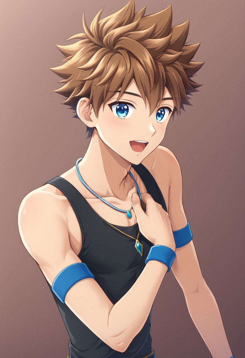 kenji sato v1, brown hair, spiky hair, blue eyes, solo focus, 1boy, solo, necklace, blue hand band, black tank top