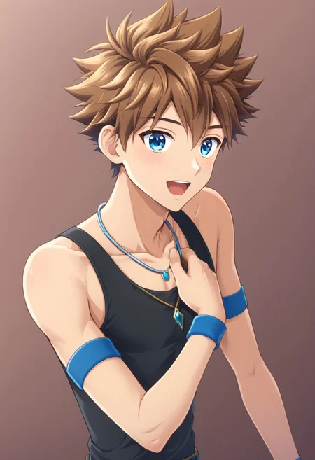 kenji sato v1, brown hair, spiky hair, blue eyes, solo focus, 1boy, solo, necklace, blue hand band, black tank top