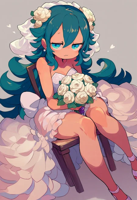 1girl,   cyan hair, very long hair,   hair between eyes,       
BREAK dutch angle,  1girl, sitting on chair,        
BREAK                wedding dress, veil, earrings, bouquet, white rose,  flowers are scattered on the bed, simple background,    
BREAK general, (kaamin \(mariarose753\):0.65), (starmilk:1.15), (jan \(lightdragoon\):0.6), masterpiece, best quality, absurdres, highres, newest, <lora:ponyv5_noobV065S_1_adamW:0.7>, <lora:Unstable_v1.0:0.4>